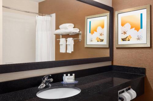 W łazience znajduje się umywalka i lustro. w obiekcie Fairfield Inn & Suites by Marriott Norman w mieście Norman