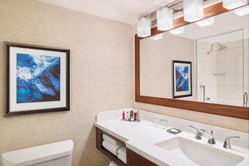 a bathroom with a sink and a mirror at Marriott Chicago O’Hare in Rosemont