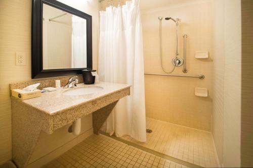 a bathroom with a sink and a shower with a mirror at Fairfield Inn & Suites Burley in Burley