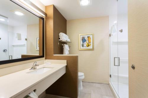 a bathroom with a sink and a toilet and a mirror at Fairfield Inn & Suites By Marriott Fort Lauderdale Downtown/Las Olas in Fort Lauderdale