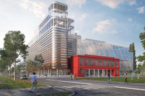 a rendering of a building with a red building at AC Hotel by Marriott Strasbourg in Strasbourg