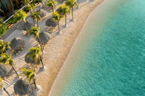 an aerial view of a beach with palm trees and water at Renaissance Wind Creek Curacao Resort in Willemstad