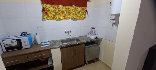 a small kitchen with a sink and a microwave at Departamento Alicia in General Roca