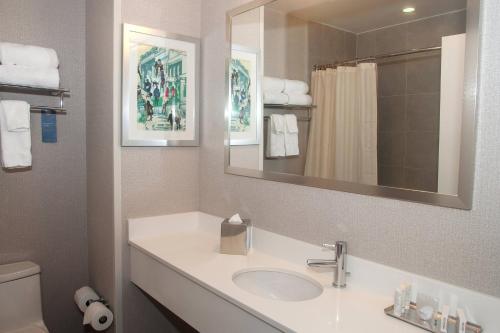 a bathroom with a sink and a mirror and a toilet at Fairfield Inn & Suites By Marriott New York Brooklyn in Brooklyn