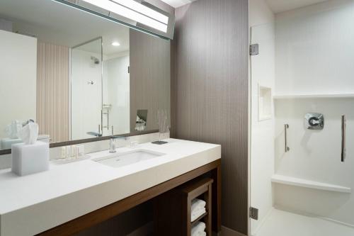 a bathroom with a sink and a mirror at Courtyard by Marriott Port St. Lucie Tradition in Cana