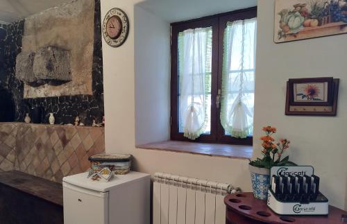 Zimmer mit einem Kühlschrank, einem Fenster und einem Heizkörper in der Unterkunft Villa Alessio - Case Vacanza con Piscina sull'Etna in Puntalazzo