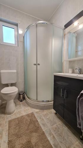a bathroom with a shower and a toilet and a sink at RI-JÓ apartman in Mohács