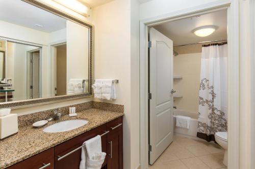 a bathroom with a sink and a toilet and a mirror at Residence Inn by Marriott Springfield Old Keene Mill in Springfield