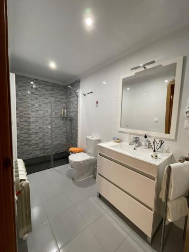 y baño con lavabo, aseo y espejo. en Habitaciones A Casa de Pepe, en Triacastela