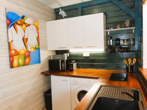 a kitchen with a sink and a washing machine at Kaz'bouchons in Saint-François