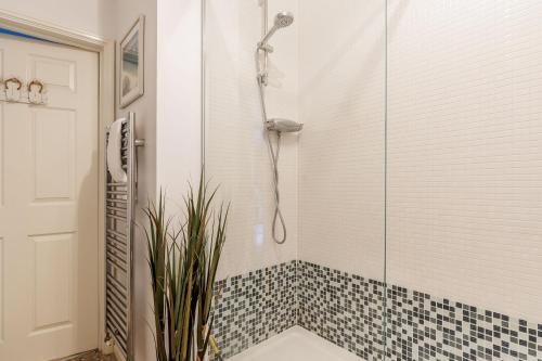 a bathroom with a glass shower with a plant at Puffling in Poole