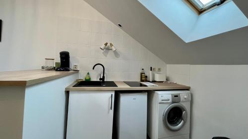 une cuisine avec un évier et une machine à laver dans l'établissement De sauge et d'osier, à Nevers