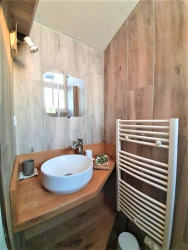 une salle de bain avec un lavabo blanc et un miroir dans l'établissement Appart lumineux de l'Hôtel de Ville, à Arles