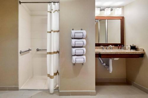 La salle de bains est pourvue d'une douche et d'un lavabo. dans l'établissement Scottsdale Marriott Old Town, à Scottsdale