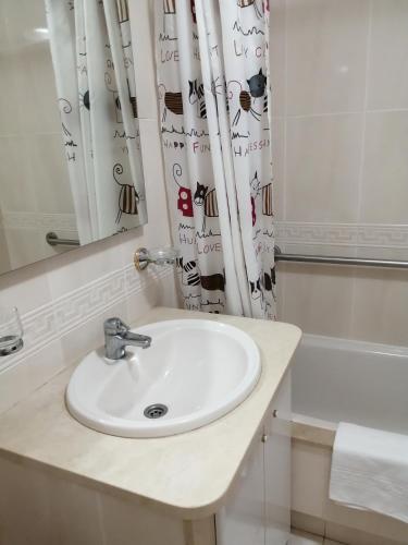 a bathroom with a sink and a shower curtain at O PISIÑO in Cambados