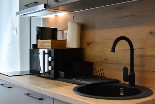a kitchen counter with a microwave and a sink at Duga Apartmani 3 in Subotica