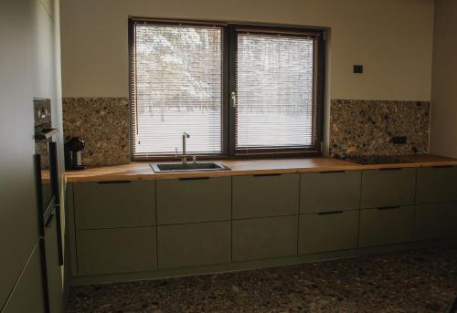 a kitchen with a sink and a window at Namas MIŠKE in Lazdinė