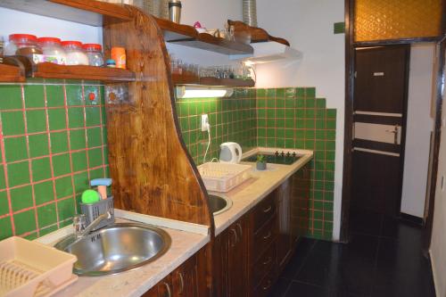 baño con lavabo y paredes de azulejos verdes. en Montenegro Backpackers Home Kotor, en Kotor