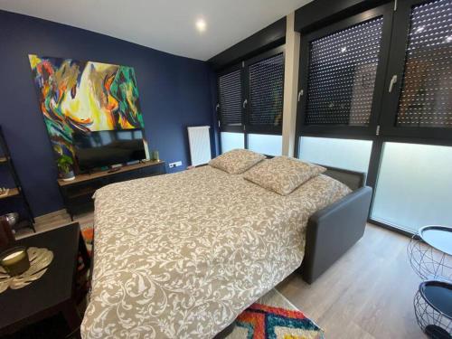 a bedroom with a bed and a flat screen tv at Duplex By Aurelle 2 in Schiltigheim