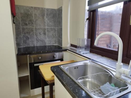 a kitchen with a stainless steel sink and a window at Nice Studio Flat in Edmonton, North London in Edmonton