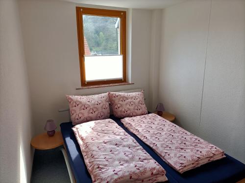a bed in a small room with a window at Papststein in Rathmannsdorf