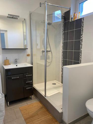une salle de bain avec une douche, un lavabo et des toilettes dans l'établissement Les Galets, maison avec terrasse, à Étretat
