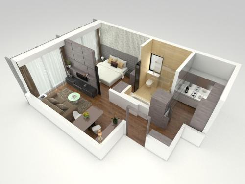 a rendering of a small apartment with a living room at Pan Pacific Serviced Suites Beach Road, Singapore in Singapore