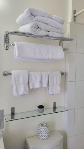 een badkamer met witte handdoeken op een plank boven een toilet bij Lord Nelson Motel in Kingston