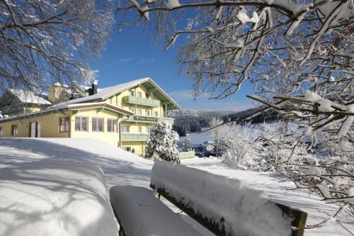 a house covered in snow in front at Gasthof Reiner in Sankt Englmar
