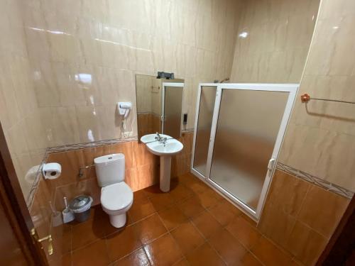 a bathroom with a shower and a toilet and a sink at Pensión Codesal in O Pedrouzo