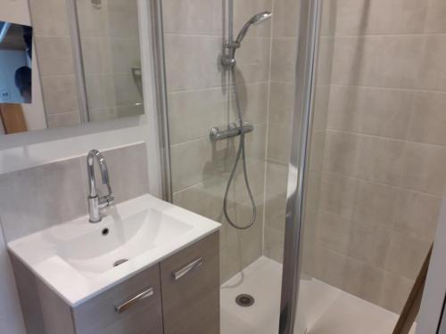 une salle de bain avec douche et lavabo dans l'établissement 2 pièces avec accès piscine intérieure, à Larmor-Plage