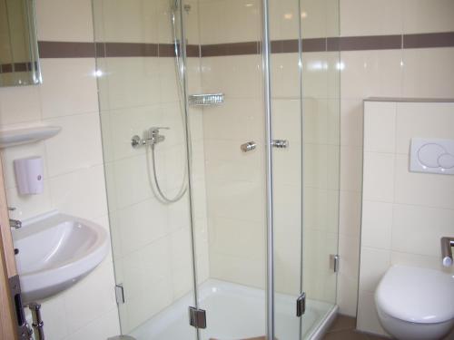 La salle de bains est pourvue d'une douche, de toilettes et d'un lavabo. dans l'établissement Gasthaus-Witte, à Wallenhorst