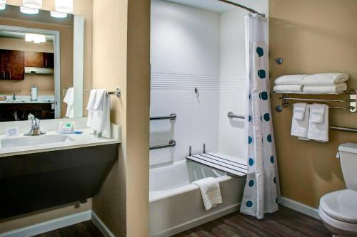 La salle de bains est pourvue d'un lavabo, de toilettes et d'une douche. dans l'établissement TownePlace Suites by Marriott Macon Mercer University, à Macon