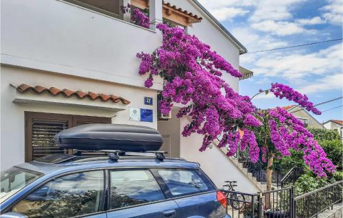 a car parked in front of a building with purple flowers at Beautiful Apartment In Mali Losinj With Kitchen in Mali Lošinj
