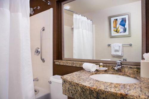 La salle de bains est pourvue d'un lavabo, de toilettes et d'un miroir. dans l'établissement Fairfield Inn Sacramento Cal Expo, à Sacramento