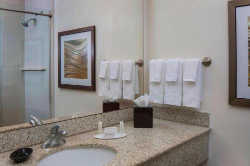 La salle de bains est pourvue d'un lavabo, d'un miroir et de serviettes. dans l'établissement Courtyard by Marriott New Orleans Downtown Near the French Quarter, à La Nouvelle-Orléans