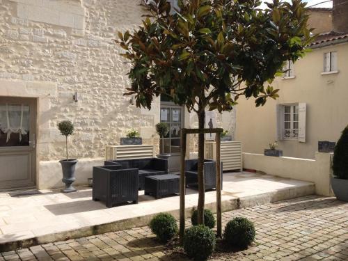 a tree in a courtyard next to a building at Maison Charles Maurice in Chalais