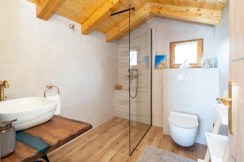 a bathroom with a shower and a toilet and a sink at Secluded fisherman's cottage Cove Soline, Pasman - 8222 in Kraj