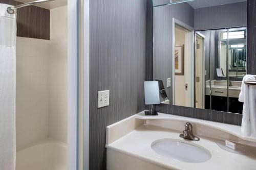 a bathroom with a sink and a mirror and a shower at Courtyard by Marriott Lebanon in Lebanon