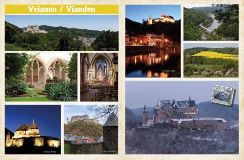 a collage of photos of various cities and buildings at Hotel Belle Vue in Vianden