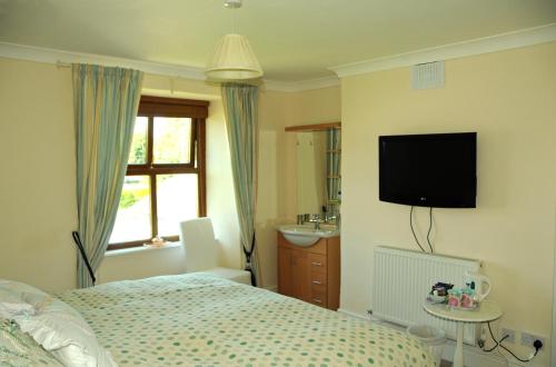 a bedroom with a bed and a tv on the wall at Pant Teg B & B in Bangor