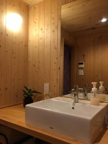 a bathroom with a white sink in front of a mirror at MOMO HOUSE in Inami