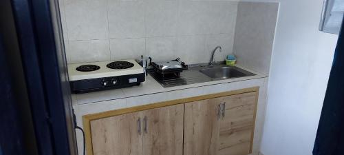 a small kitchen with a stove and a sink at Finca Turistica La Betulia Sevilla in Sevilla