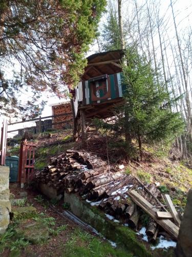 a house on a hill with a pile of rubble at Ferienwohnung zum Sebnitzer Hirsch in Sebnitz