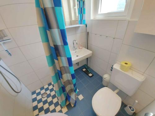 Apartment in Bad Mitterndorf - Steiermark 41509 في باد ميترندورف: حمام صغير مع مرحاض ومغسلة