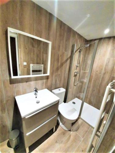 une salle de bain avec un lavabo, des toilettes et un miroir dans l'établissement L'Appart de la rue Balze, à Arles