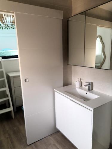 une salle de bain blanche avec un lavabo et un miroir dans l'établissement spacieux logement vieil antibes climatisé 5 minutes plages, à Antibes