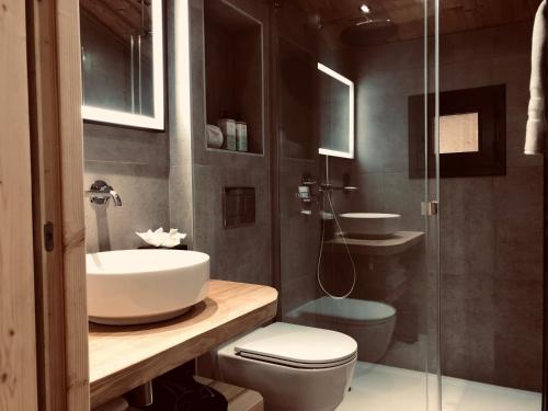 a bathroom with a sink and a toilet and a shower at Terra-Beka Lodge in La Chapelle-dʼAbondance