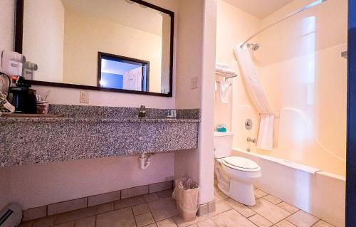 La salle de bains est pourvue d'un lavabo, de toilettes et d'un miroir. dans l'établissement Helena Inn - Airport, à Helena