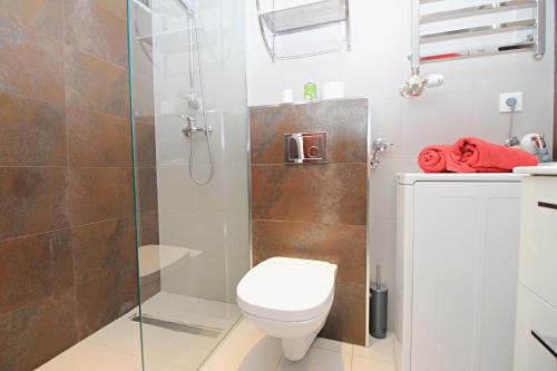 W łazience znajduje się toaleta i przeszklony prysznic. w obiekcie Apartamenty Jozefa Kazimierz w Krakowie